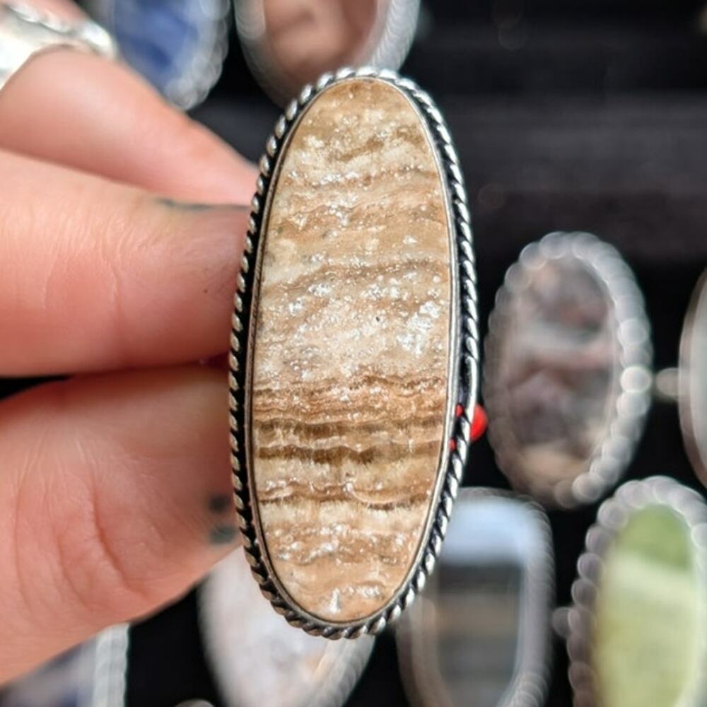 Brown Boho Statement Ring Oval Silver Boho Chic Groovy Vintage Western Size 7.75